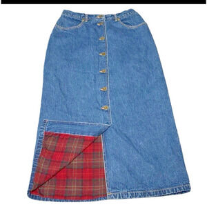 80s 90s Vintage Mom Core Eddie Bauer Women 8 Plaid Flannel Lined Denim Skirt
